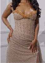 Elegant Strapless Shiny Beaded Sequin Long Prom Dress Formal Evening Dress With Slit
