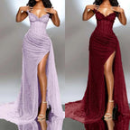 Elegant Strapless Shiny Beaded Sequin Long Prom Dress Formal Evening Dress With Slit