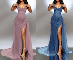 Elegant Strapless Shiny Beaded Sequin Long Prom Dress Formal Evening Dress With Slit
