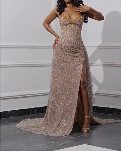 Elegant Strapless Shiny Beaded Sequin Long Prom Dress Formal Evening Dress With Slit Main image