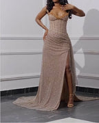 Elegant Strapless Shiny Beaded Sequin Long Prom Dress Formal Evening Dress With Slit