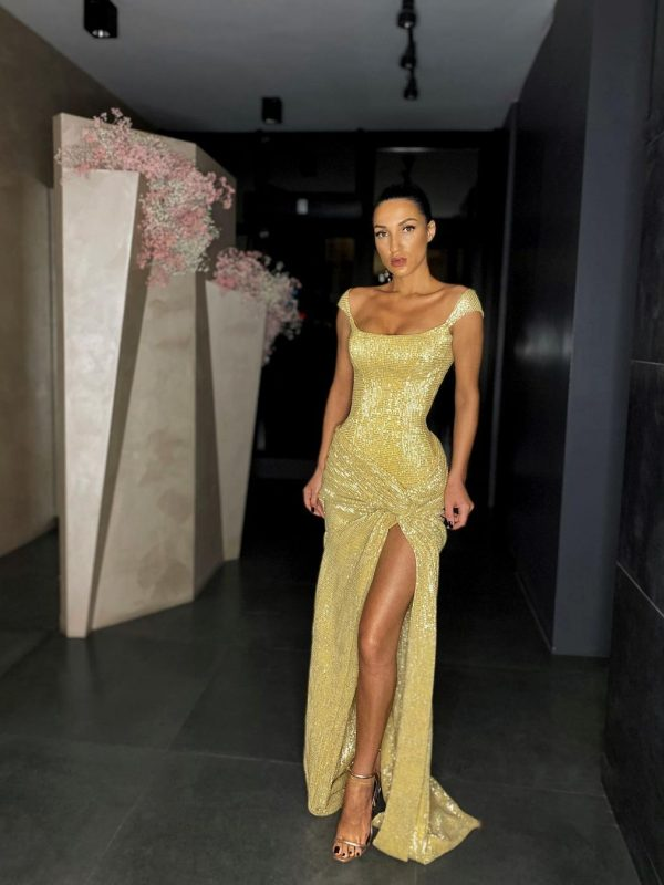 Yellow Shiny Sequins Long Fashion Sleeveless Slit Sexy Ball Gown Evening Dress Secondary image