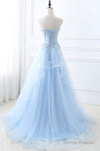 Fashion Sweetheart Long Tulle Sky Blue Prom Party Gowns with Sequins
