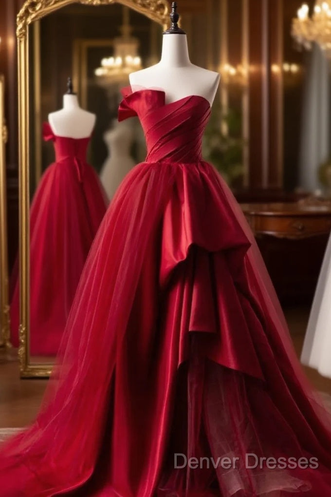 Fashion Tulle Satin Long Evening Dress Red Prom Dress Main image