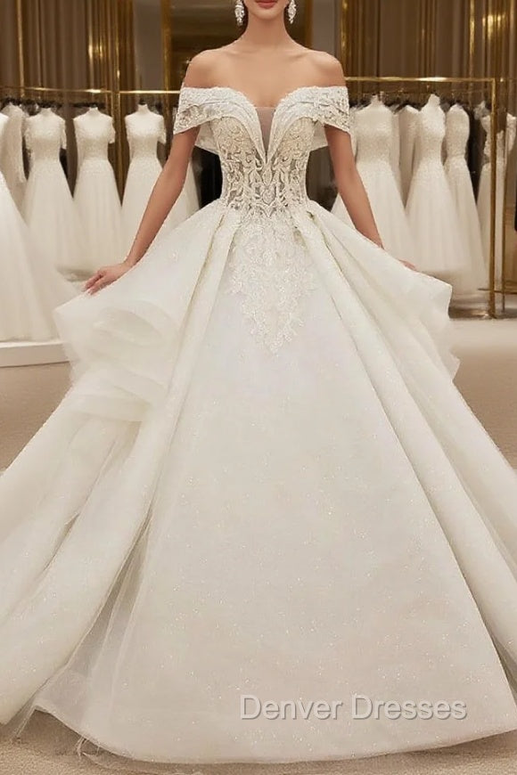 Fashion White Ball Gown Tulle Off the Shoulder Wedding Dress With Beading Main image