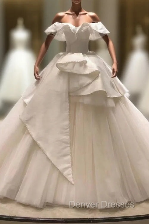 Fashion White Tulle Satin Off the Shoulder Wedding Dress Main image