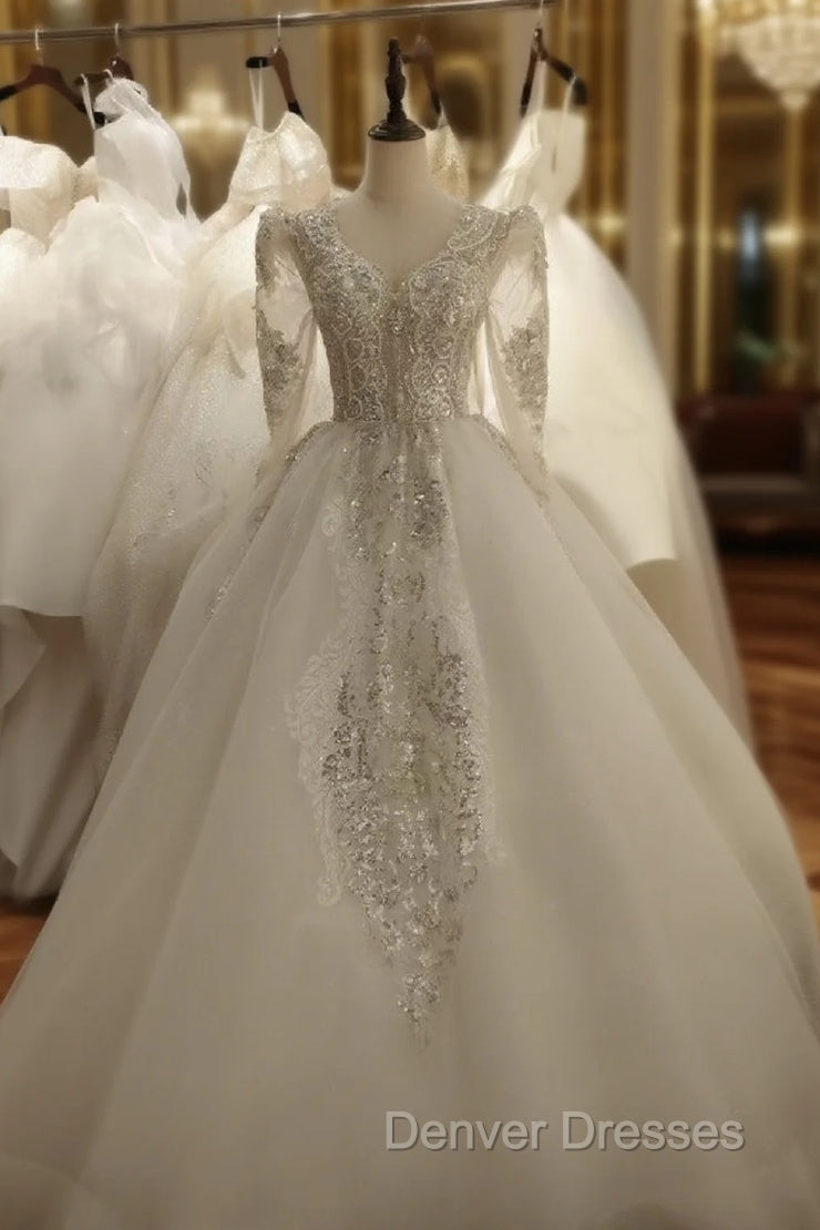 Fashion White Tulle V-neck Long Sleeve Beading Wedding Dress