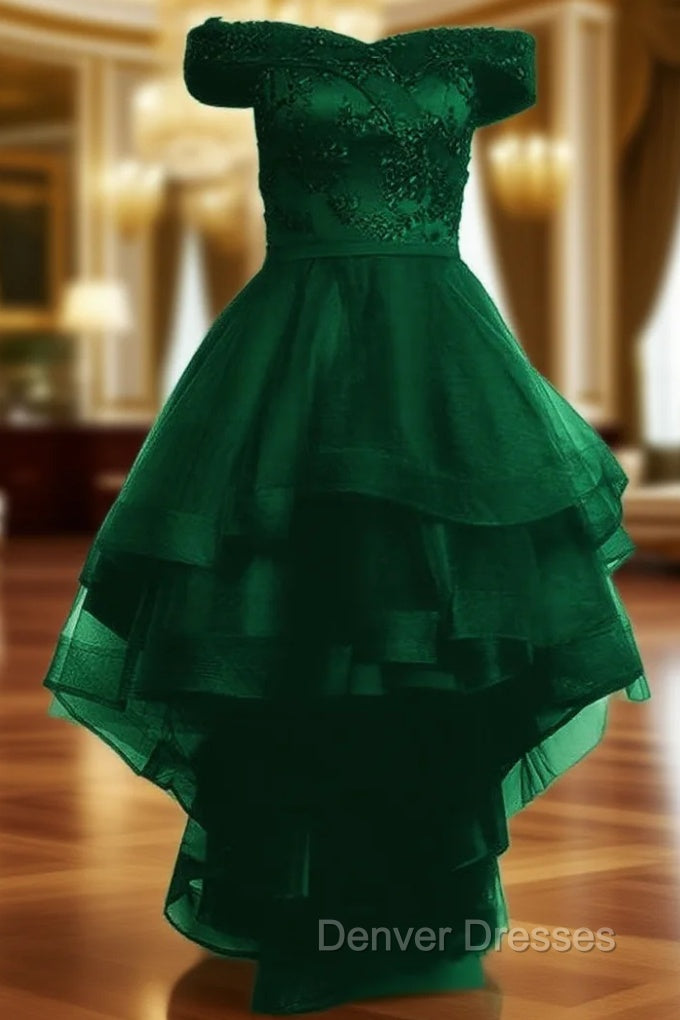 Fashionable Dark Green High Low Tulle with Lace Homecoming Dress, Green Party Dress Main image