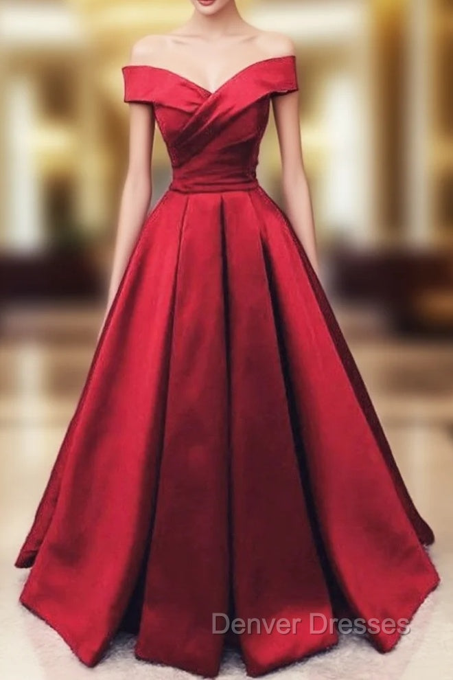 Fashionable Dark Red Satin Simple Off Shoulder Prom Dress, Red Party Dress Evening Dress