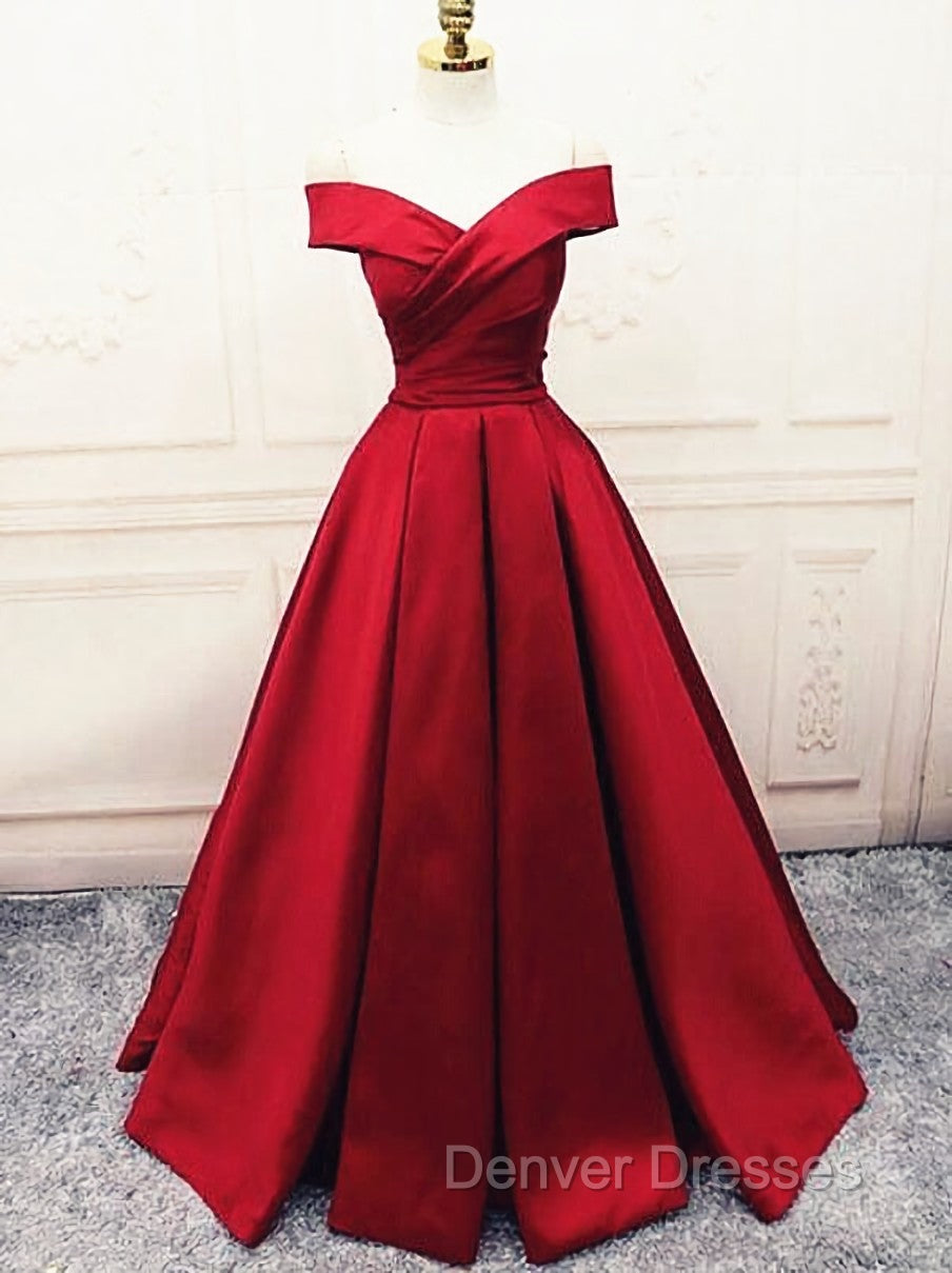 Fashionable Dark Red Satin Simple Off Shoulder Prom Dress, Red Party Dress Evening Dress Secondary image