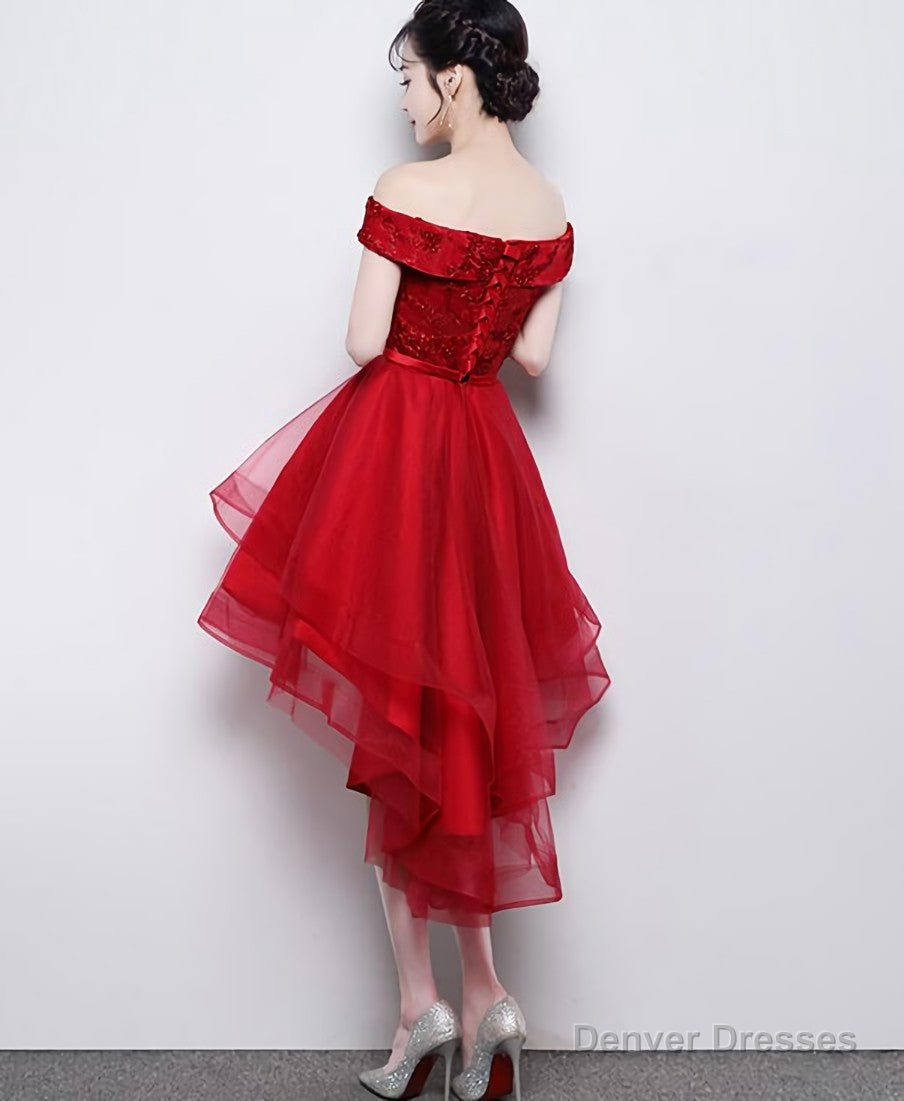 Fashionable High Low Party Dress, Red Off Shoulder Homecoming Dress Secondary image