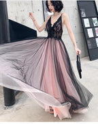 Fashionable Pink And Black Tulle V-Neckline Party Dress, Pink Lace Applique Evening Gown