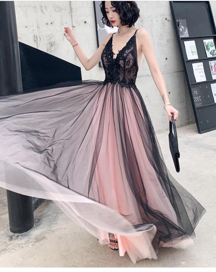 Fashionable Pink And Black Tulle V-Neckline Party Dress, Pink Lace Applique Evening Gown