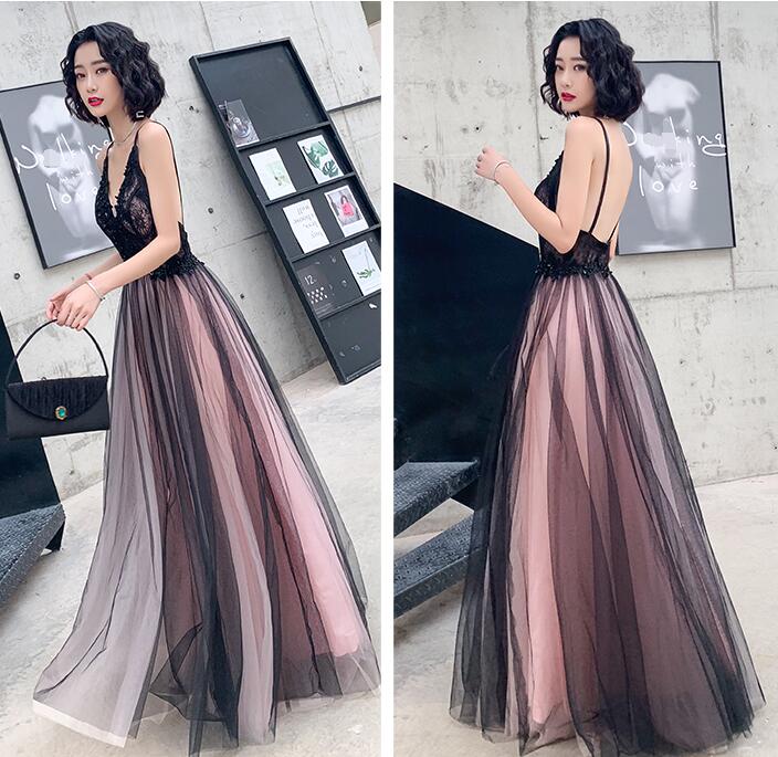Fashionable Pink And Black Tulle V-Neckline Party Dress, Pink Lace Applique Evening Gown