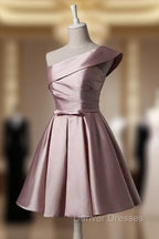 Fashionable Pink Knee Length Satin Short Prom Dress, One Shoulder Bridesmaid Dress