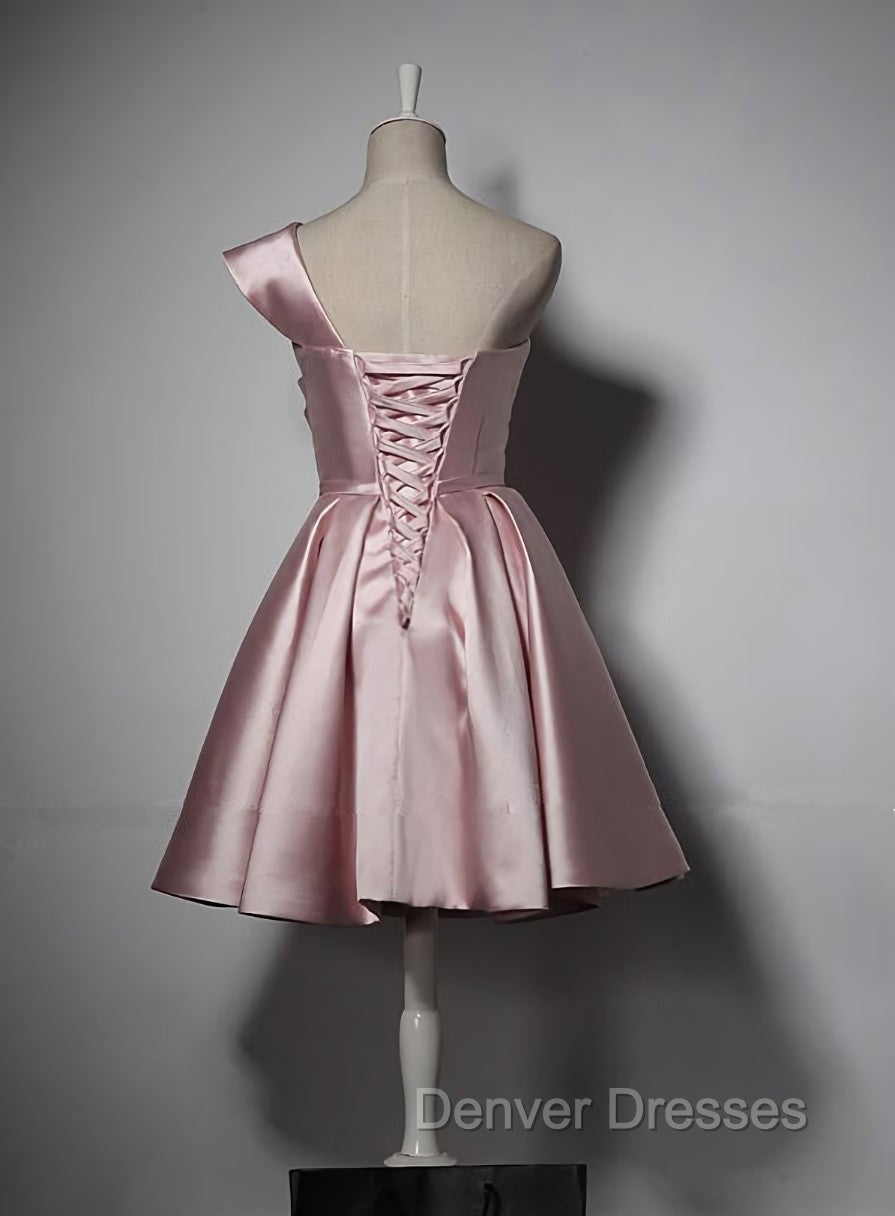 Fashionable Pink Knee Length Satin Short Prom Dress, One Shoulder Bridesmaid Dress