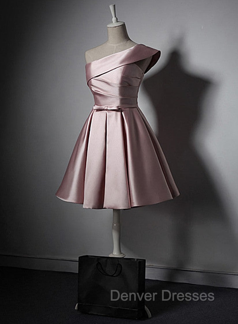 Fashionable Pink Knee Length Satin Short Prom Dress, One Shoulder Bridesmaid Dress Main image