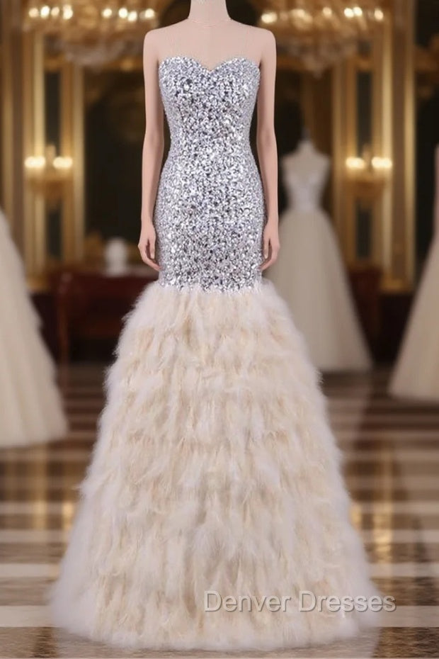 Feather Mermaid Evening Dress Crystals Bling Prom Party Dress Main image