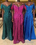 Feathered Cold Shoulder Sequin Long Prom Dress with Appliques