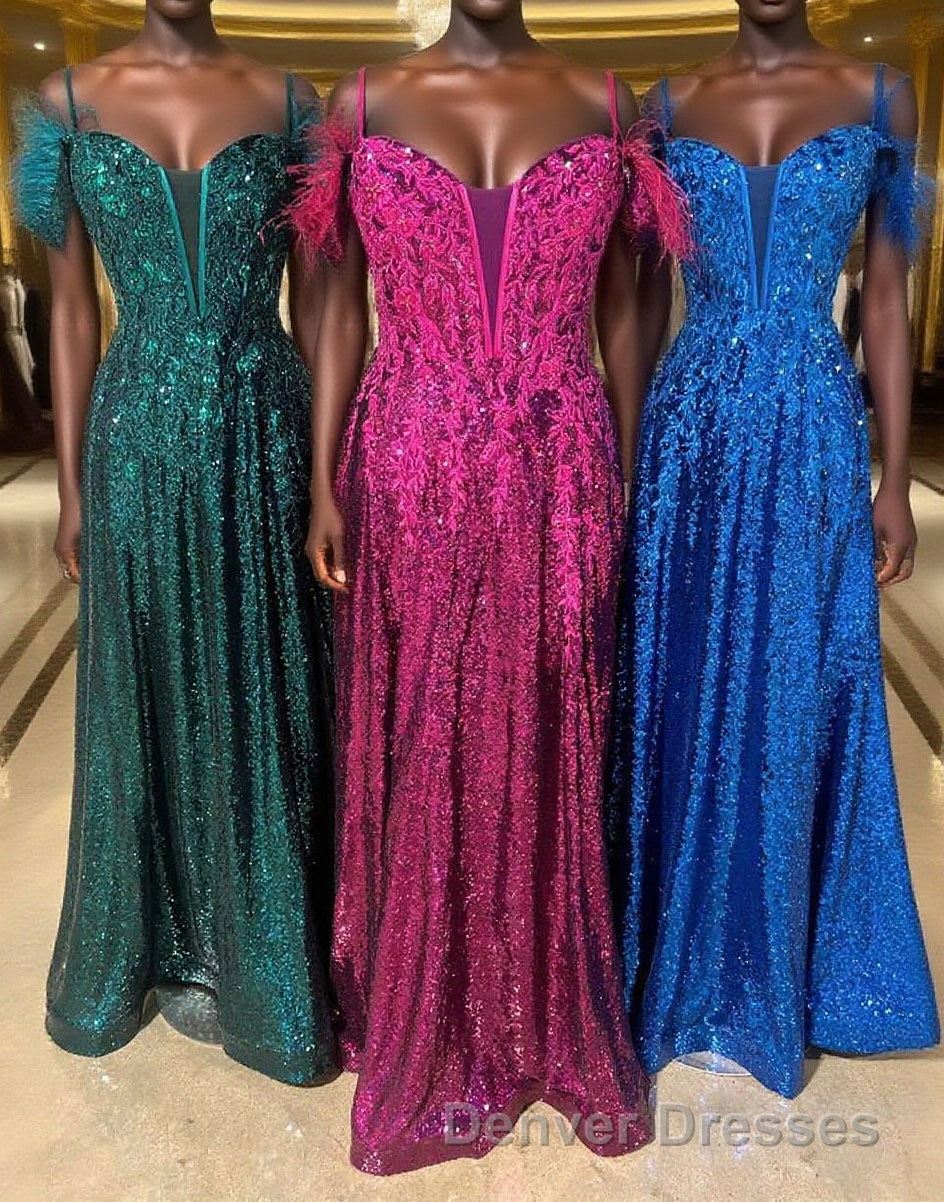 Feathered Cold Shoulder Sequin Long Prom Dress with Appliques