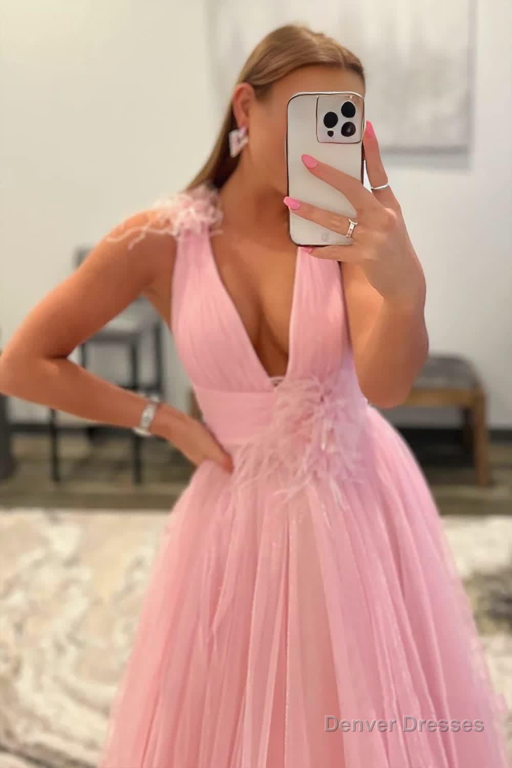 Feathers Backlesss Pink Plunging V-Neck Tulle Long Formal Dress Secondary image