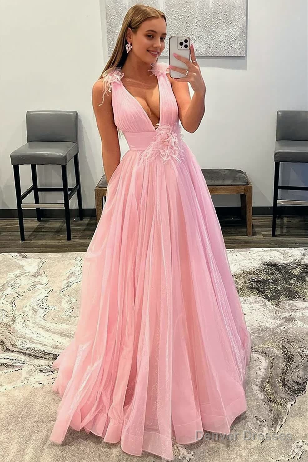 Feathers Backlesss Pink Plunging V-Neck Tulle Long Formal Dress Main image