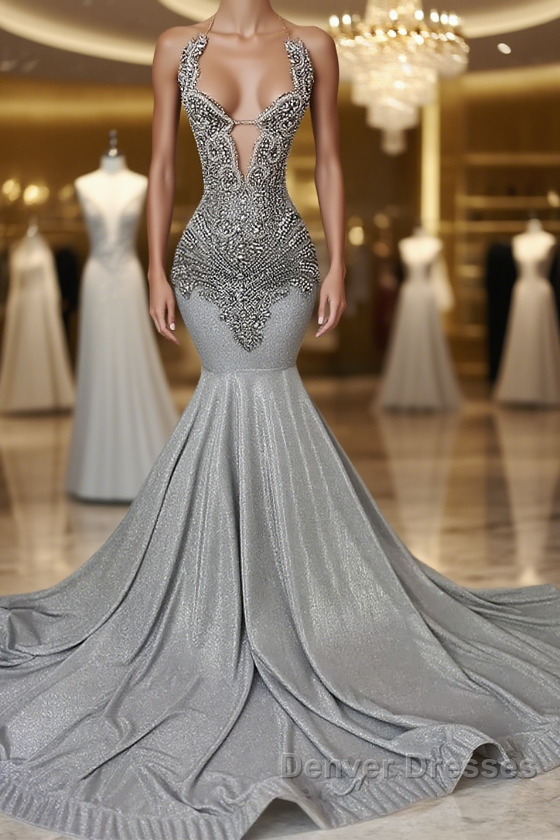 Silver Halter Mermaid Prom Dress with Beadings Main image