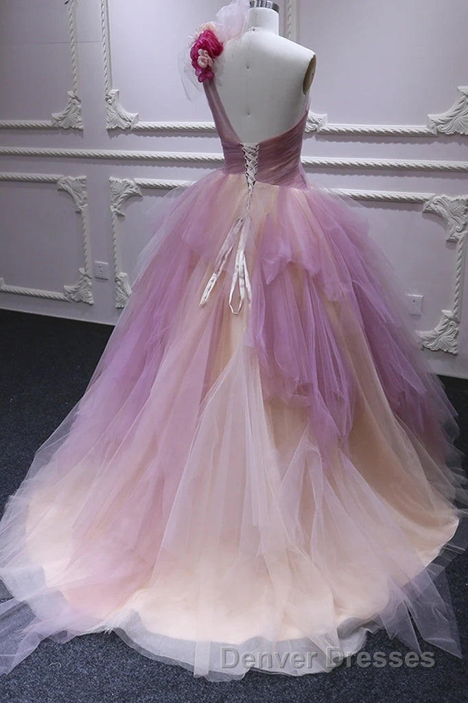 Puffy One Shoulder Sleeveless Tulle Prom Dress with Flowers, Ruffles Quinceanera Dress Secondary image