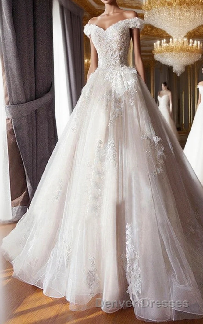 Ball Gown Off Shoulder Sleeveless Sweetheart Appliques Beading Tulle Wedding Dress Main image