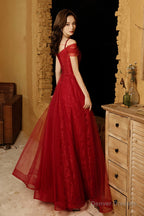 Burgundy tulle lace long prom dress A-line evening dress