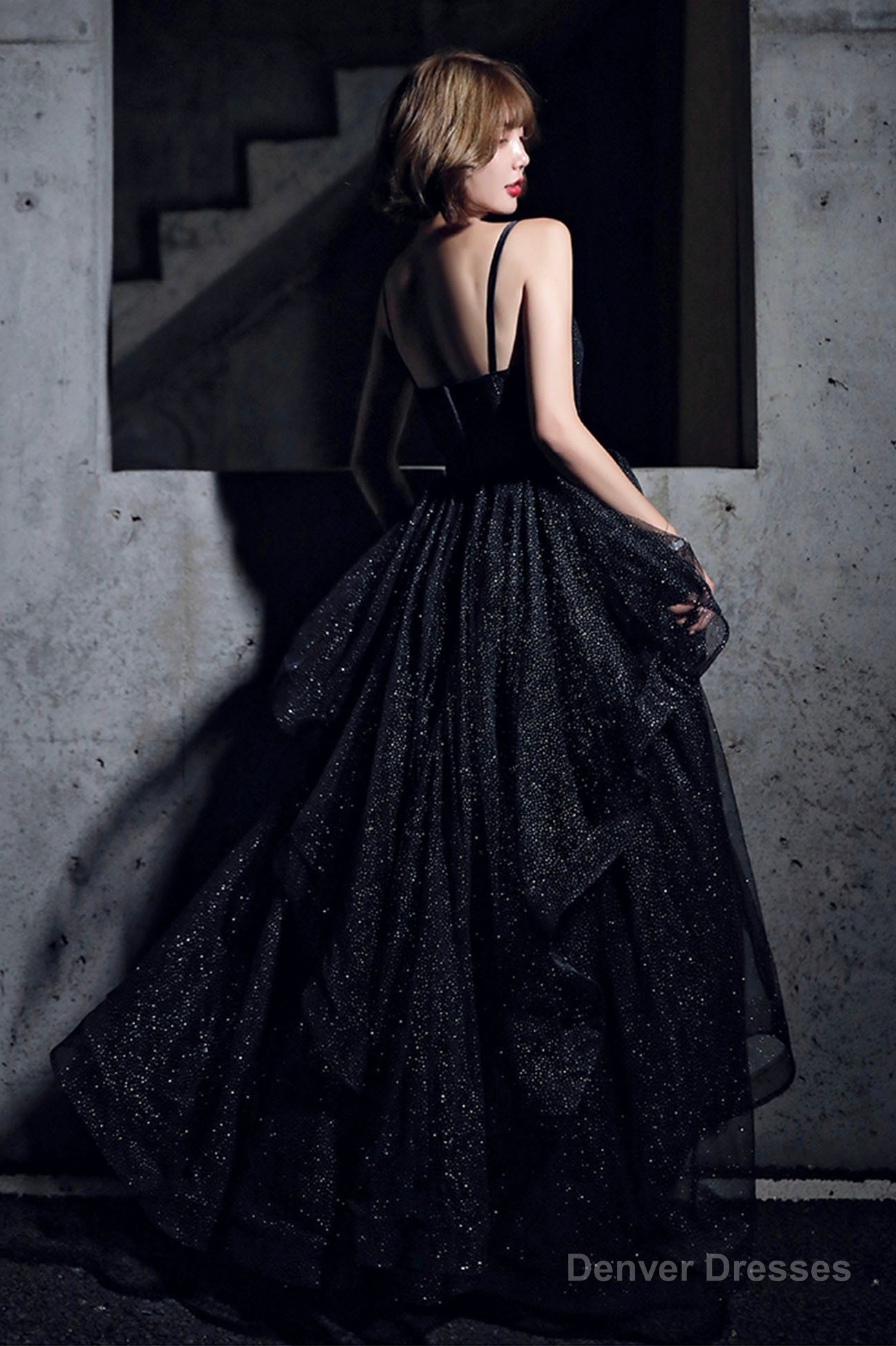 Black Simple v neck tulle long prom dress A line evening dress