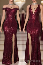 Long Mermaid Burgundy Sequin Prom Dress Glitter Split Evening Gown