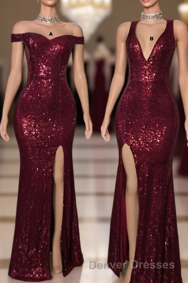 Long Mermaid Burgundy Sequin Prom Dress Glitter Split Evening Gown