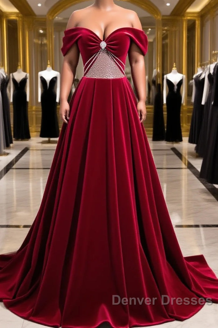 Burgundy Velvet Long Prom Dress, Off the Shoulder Evening Party Dress Main image