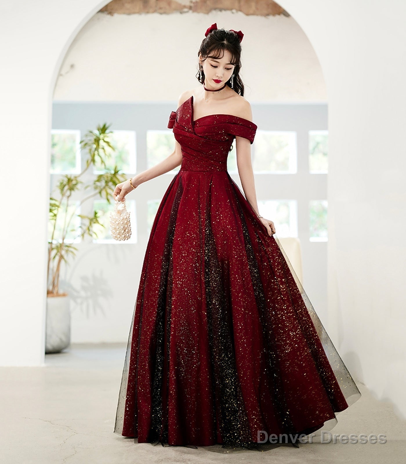 Burgundy Satin Tulle Long Prom Dress, A-Line Off the Shoulder Evening Dress Main image