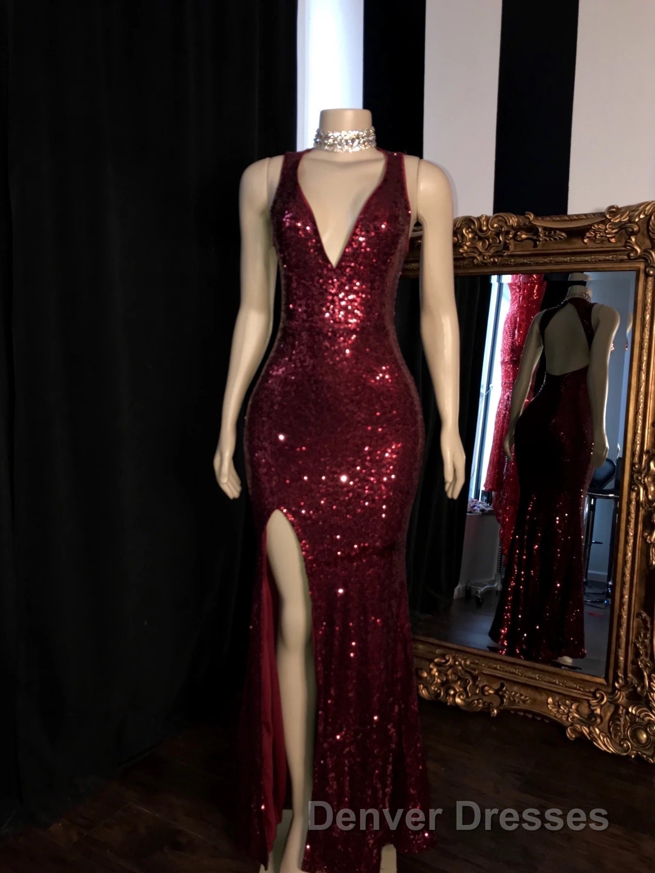 Long Mermaid Burgundy Sequin Prom Dress Glitter Split Evening Gown