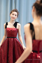 Burgundy sequins high low prom dress homecoming dress
