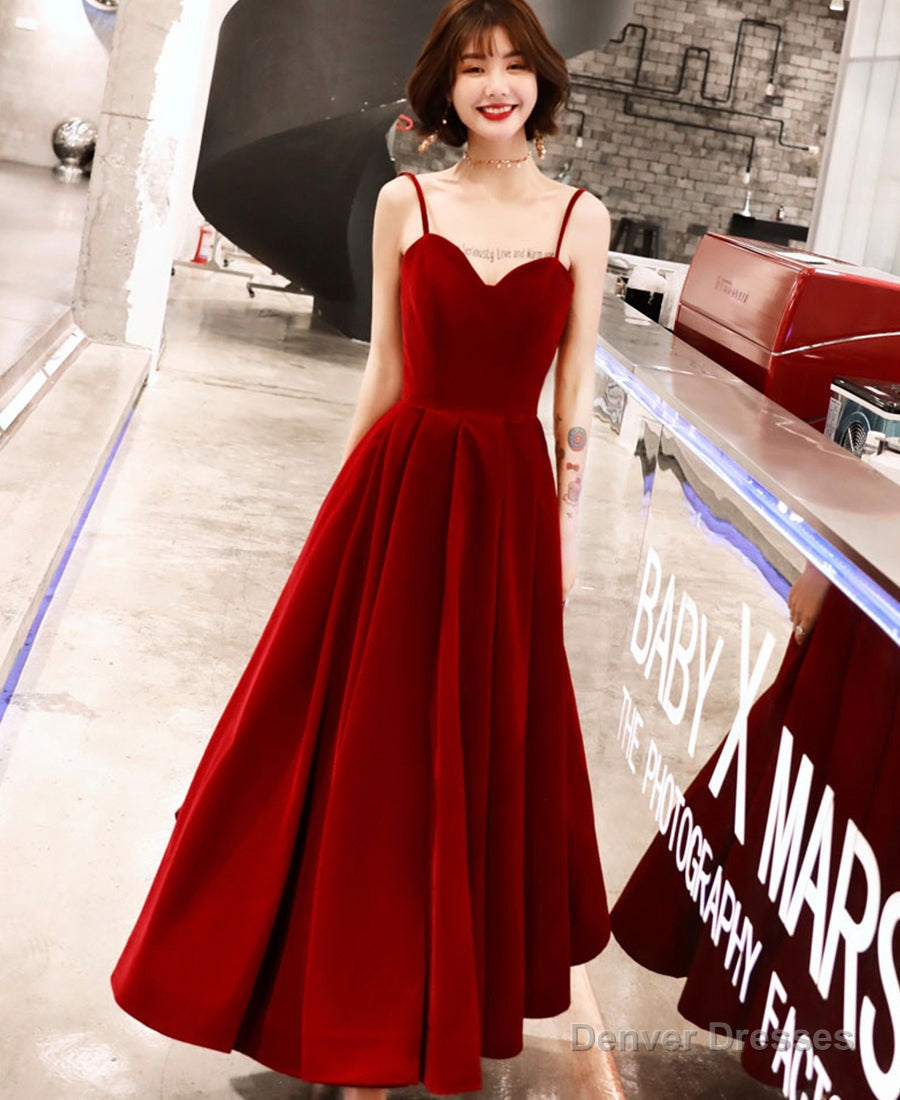 Burgundy velvet tea length prom dress party dress Secondary image
