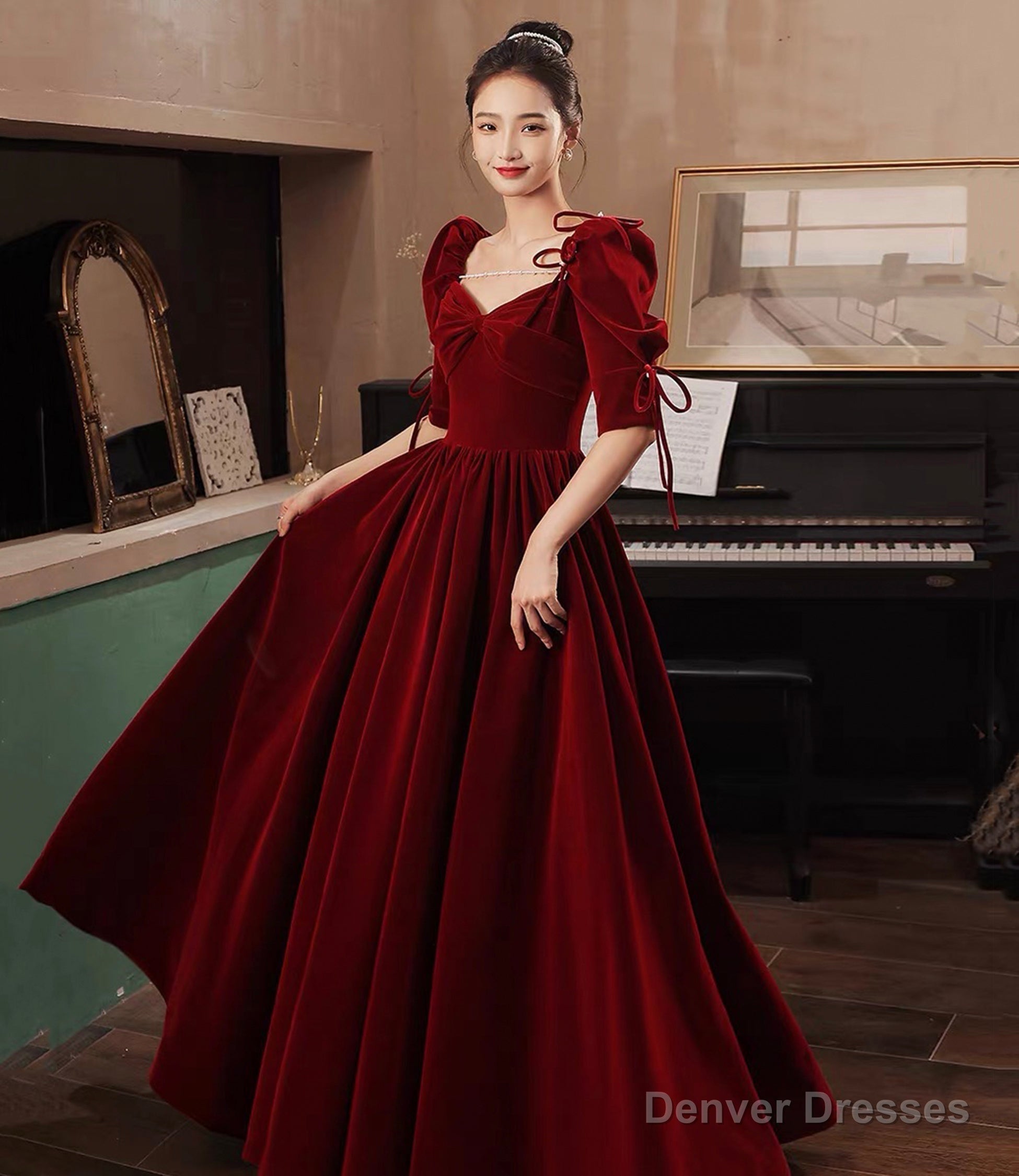 Burgundy velvet long prom dress A-line evening dress Main image