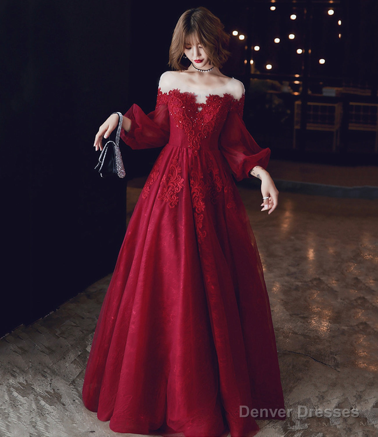 Burgundy lace long prom dress A line evening dress Main image