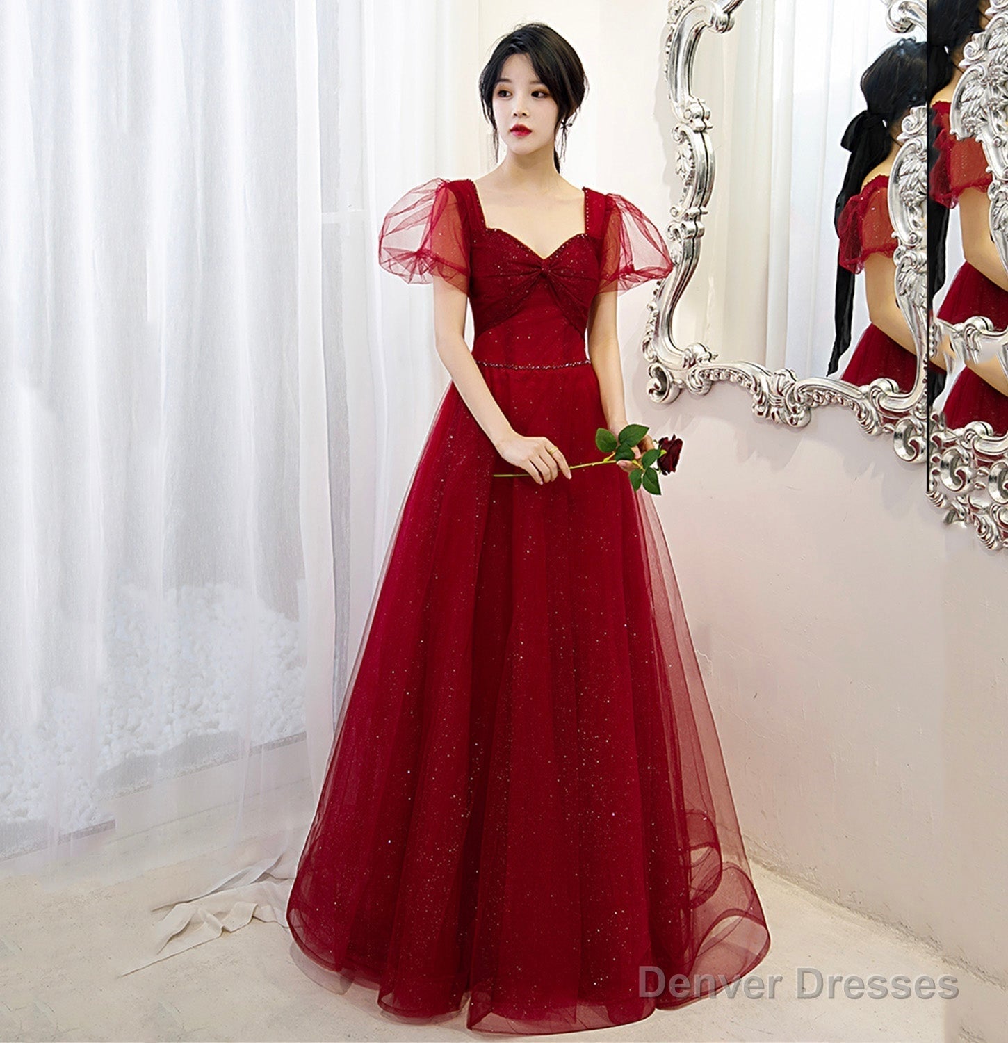 Burgundy tulle long A line prom dress evening gown Main image
