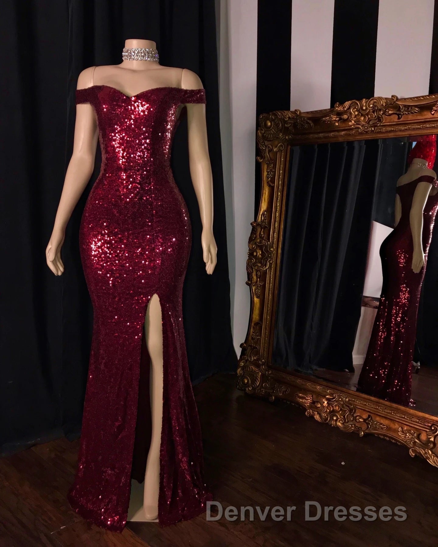 Long Mermaid Burgundy Sequin Prom Dress Glitter Split Evening Gown Secondary image