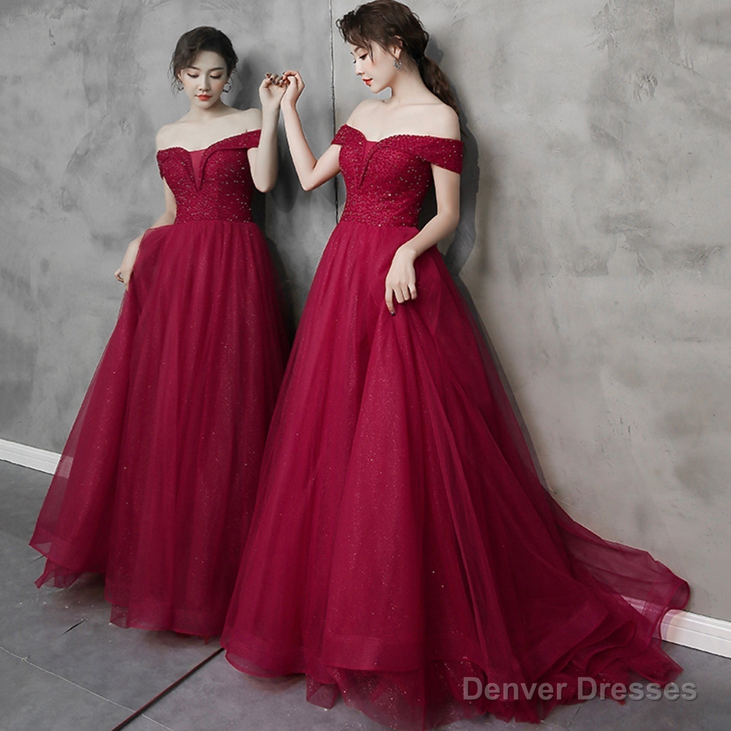 Burgundy tulle beads long prom dress A line evening dress Main image