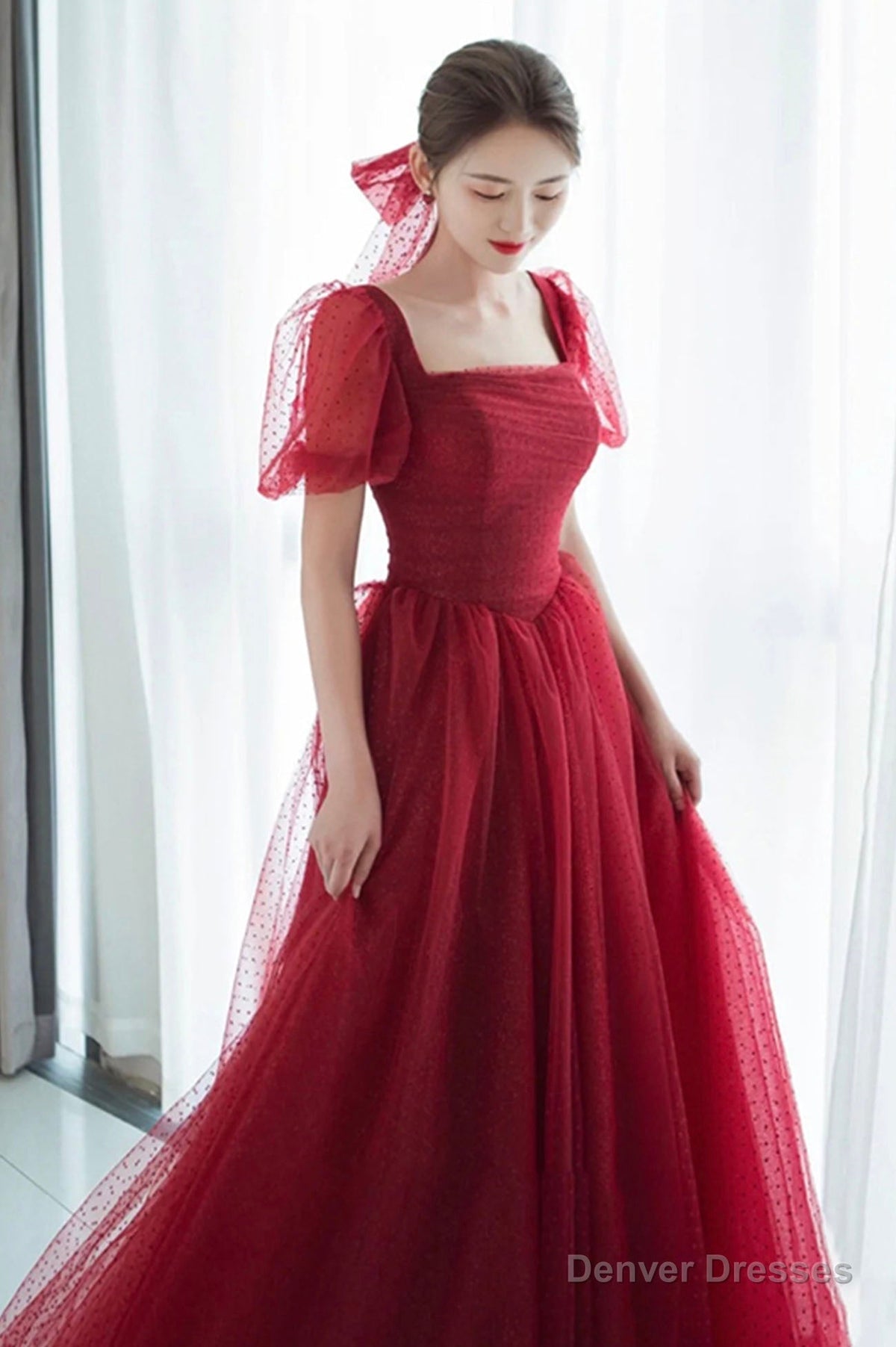 Red tulle long prom dress A line evening dress
