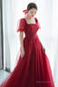 Red tulle long prom dress A line evening dress