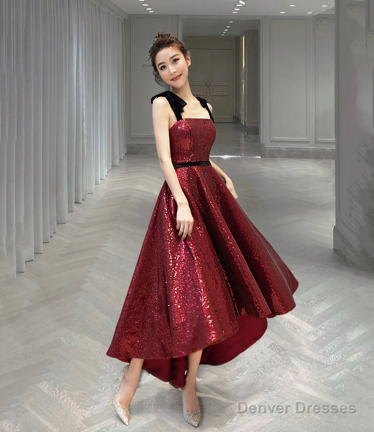 Burgundy sequins high low prom dress homecoming dress Main image