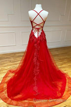 Red Long Prom Dress Chic & Modern Lace Applique Straps Formal Dress