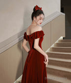 Burgundy Velvet Tea Length Prom Dress, Cute Evening Dress Party Dress