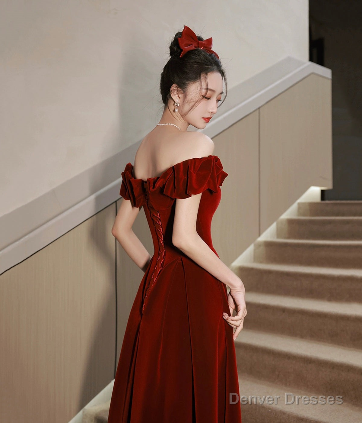 Burgundy Velvet Tea Length Prom Dress, Cute Evening Dress Party Dress Secondary image