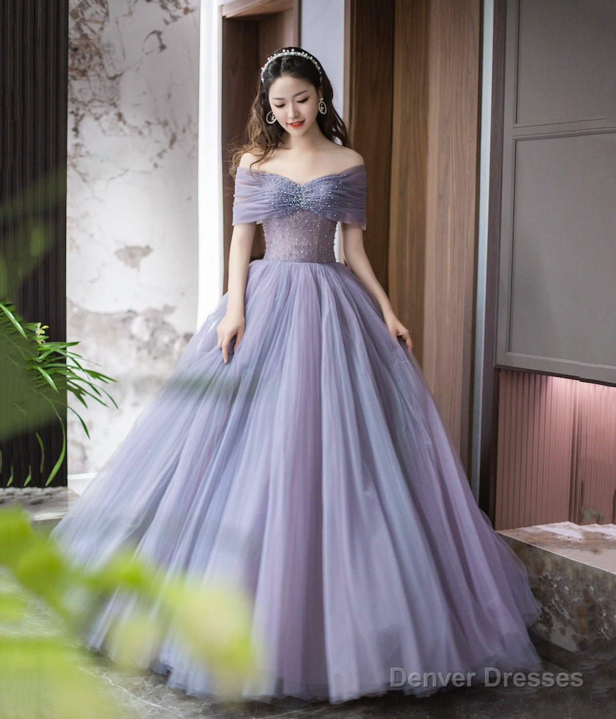 Purple Tulle Beaded Long Prom Dress, Off Shoulder Evening Party Dress Main image